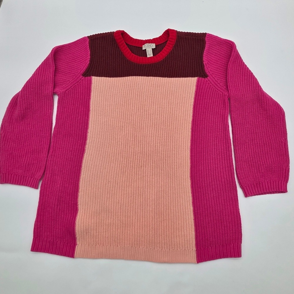 LOGO Sweater Womens Small Pink Colorblock Knit Smart Casual Preppy Graphic
